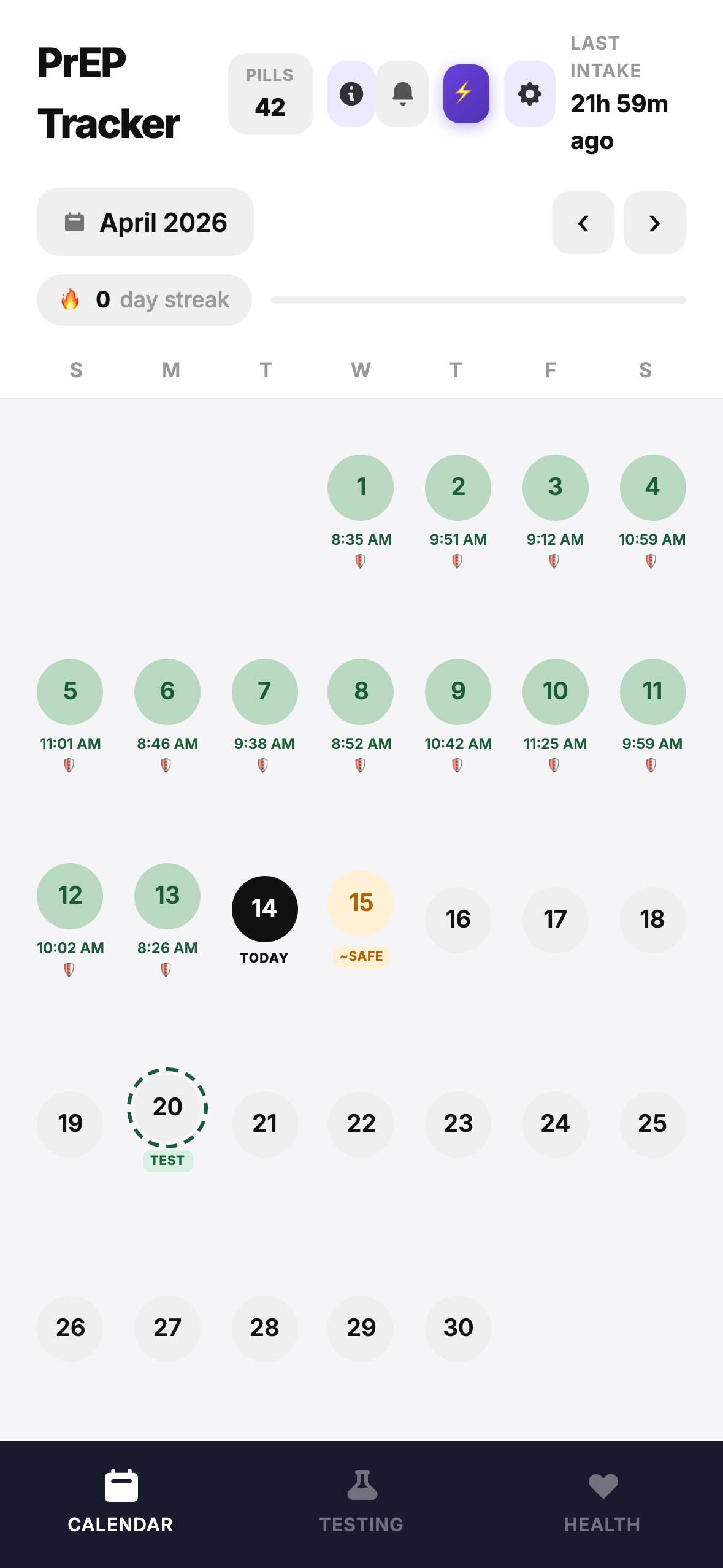 PrEP Trackr calendar view showing daily dose logs