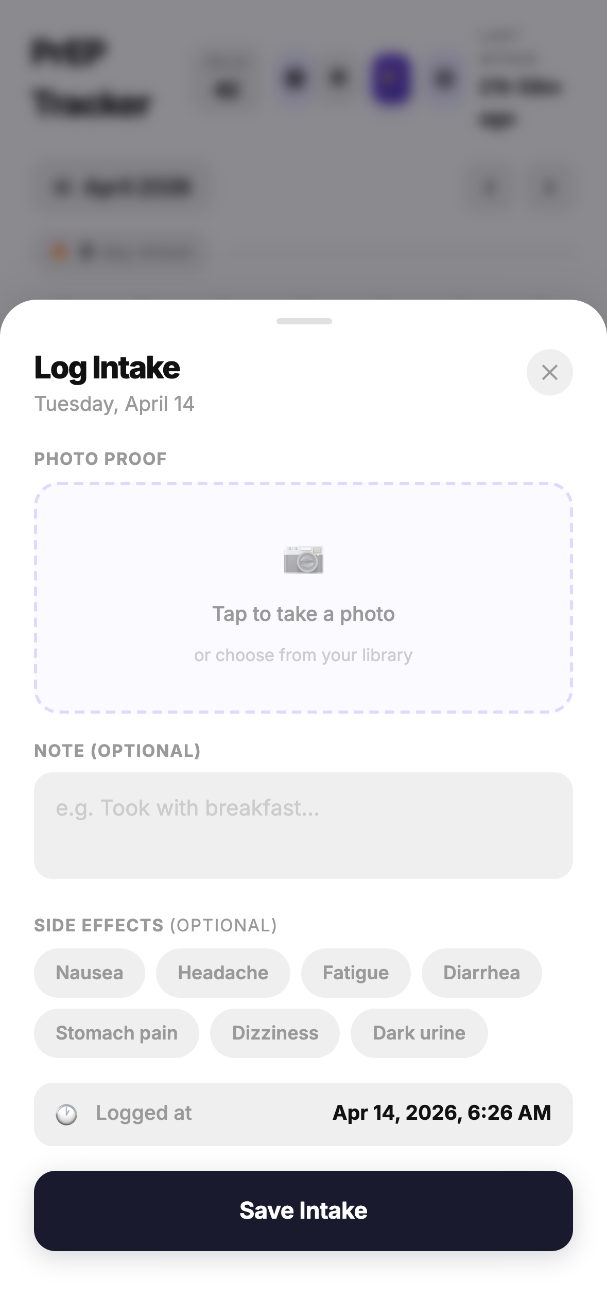 Log intake modal with photo, note, and side effects