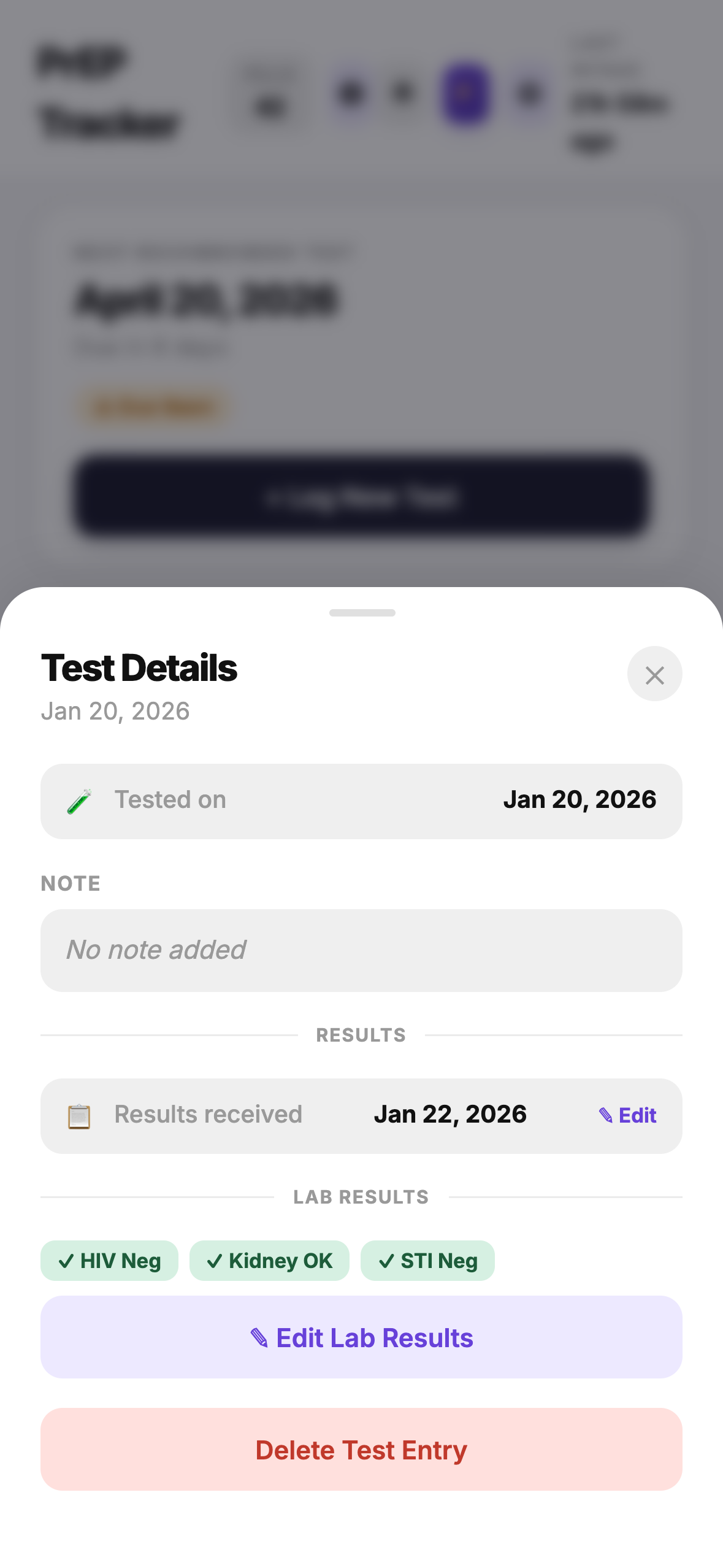 Test detail modal showing lab results and attachments