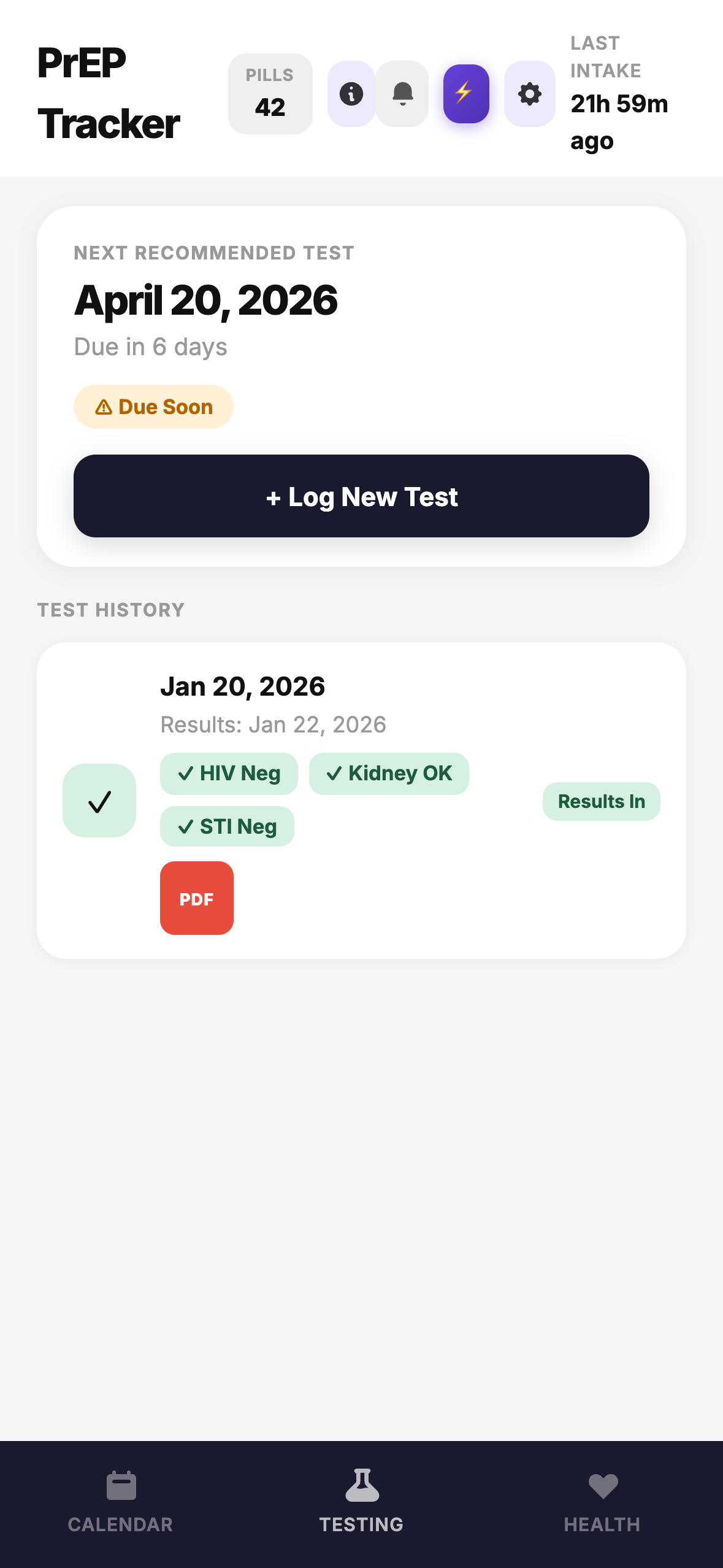 Testing tab showing next test date and test history with lab results